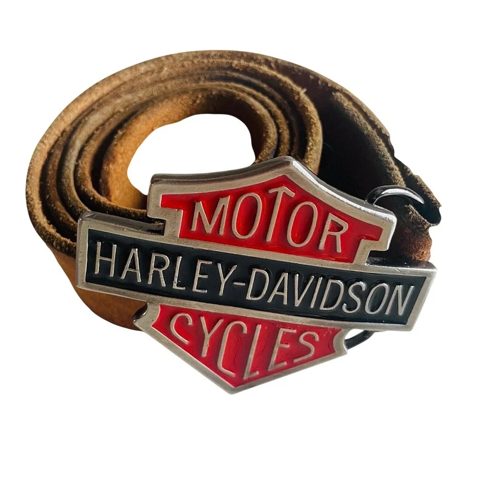 VTG Harley Davidson Style Bar & Shield Belt Buckle with Distressed Leather Belt
